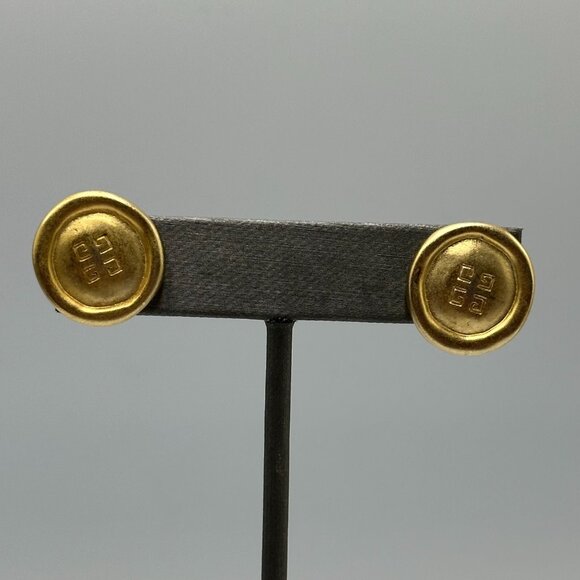 Vintage Givenchy Earrings Gold Tone Studs Pierced Round Button 4G Logo Matte - Picture 2 of 10